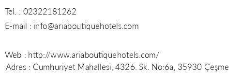 Aria Boutique Hotels telefon numaralar, faks, e-mail, posta adresi ve iletiim bilgileri